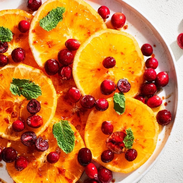 Fresh winter fruit salad showing a close-up of orange slices and cranberries scattered on a plate.