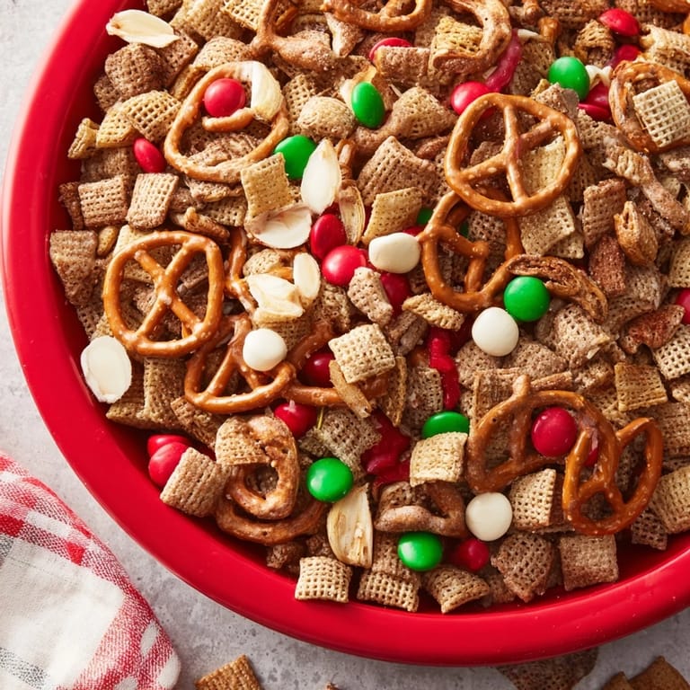 Close-up of a vibrant red and green bowl of Holiday Mix, perfect for sharing and holiday celebrations.