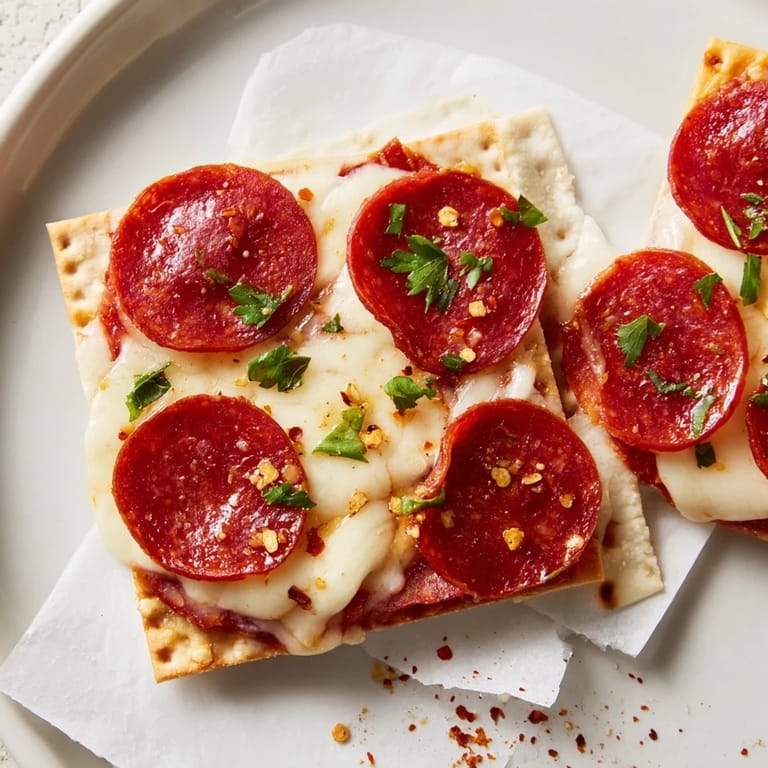Warm, cheesy pepperoni bites on crackers, ready to serve for your next party.