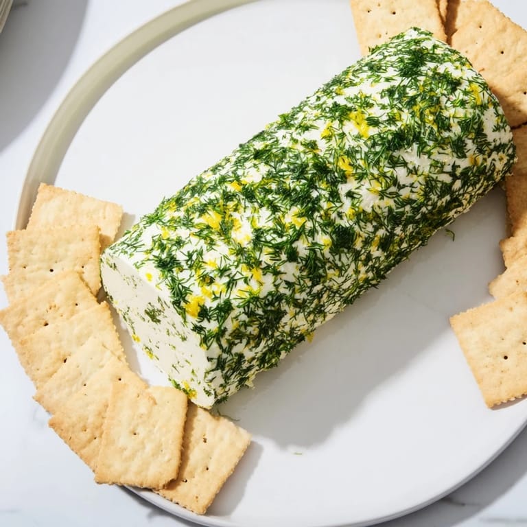 This Herb-Coated Cheese Log showcases a vibrant, herb-covered exterior, ready for dipping with crackers.