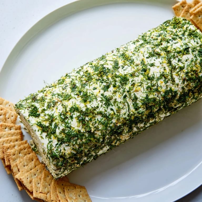 A close-up view of the savory Herb-Coated Cheese Log, perfect for an elegant party appetizer with crackers.