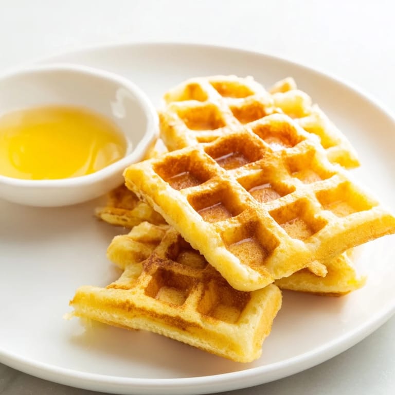 Up-close photo of golden-brown waffle quarters, perfect with the simple syrup dip.