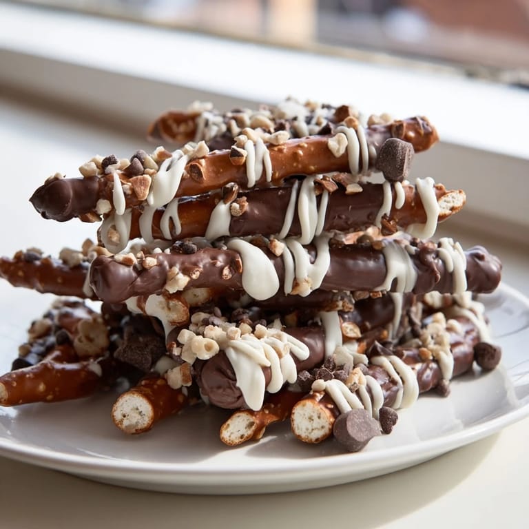 Enjoy a stack of sweet and salty chocolate covered pretzel sticks, perfect for any occasion.