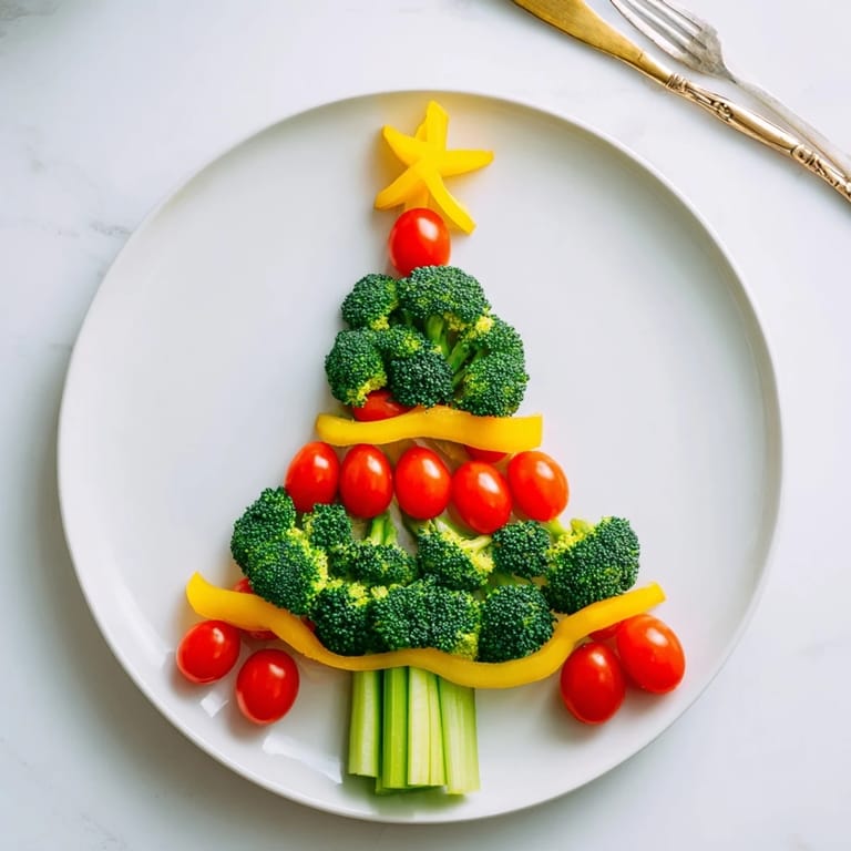 Holiday-ready Broccoli Tree boasting juicy cherry tomatoes, a visually appealing vegetarian appetizer for gatherings.