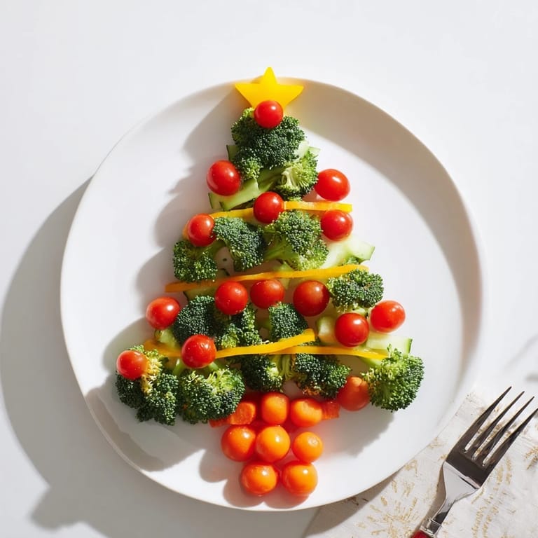 Freshly arranged Broccoli Tree with bright red cherry tomato ornaments, ready for a fun snack platter.