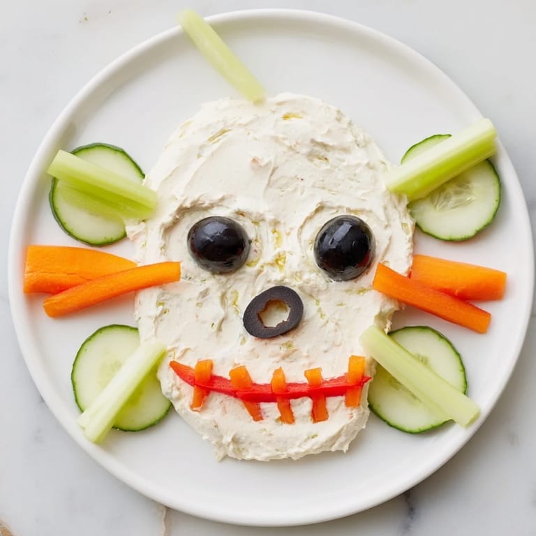 Close-up of the Skull & Bones Spooky Spread: a spooky, creamy appetizer with vibrant vegetable details.