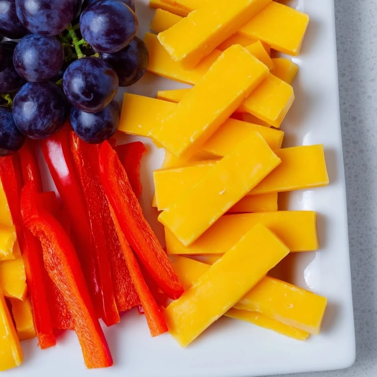 Delectable Bauhaus Block, a modern appetizer, presents colorful bell peppers, cheese, and grapes ready to enjoy.