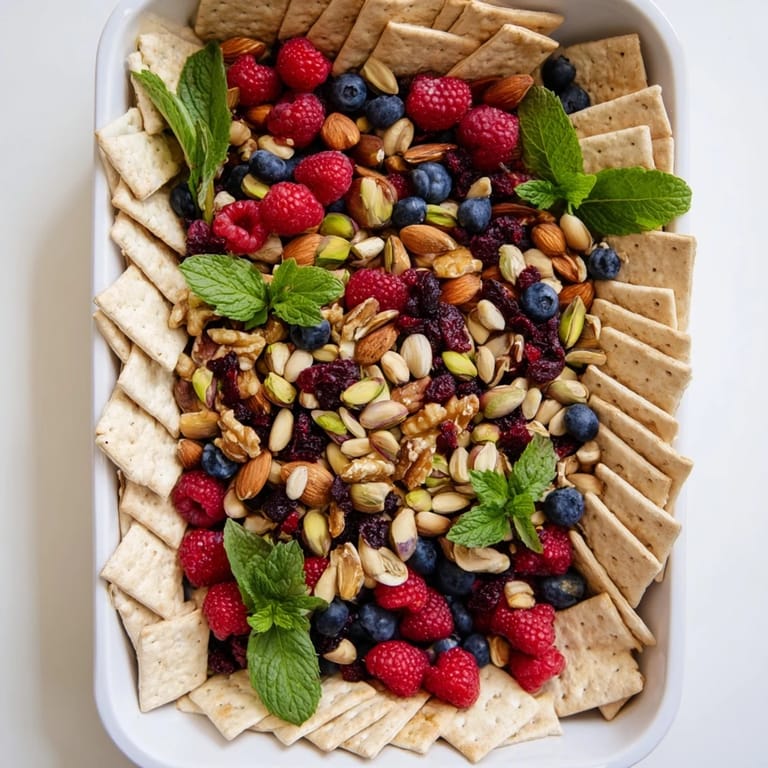 Crispy crackers form a "Picket Fence" around a colorful medley of nuts and fresh, juicy berries.