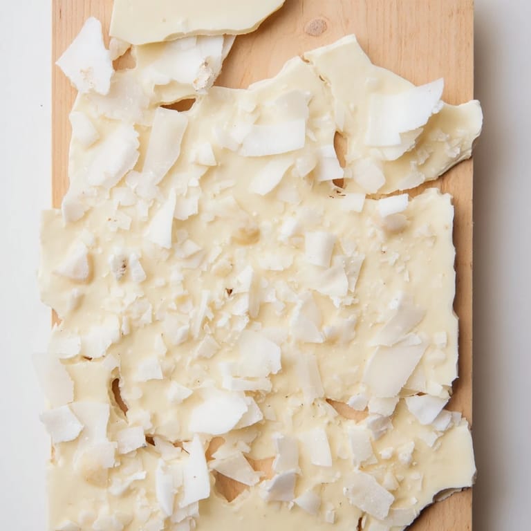 A close-up view of The Arctic Tundra: shards of parmesan atop shimmering white chocolate "ice" sheets.