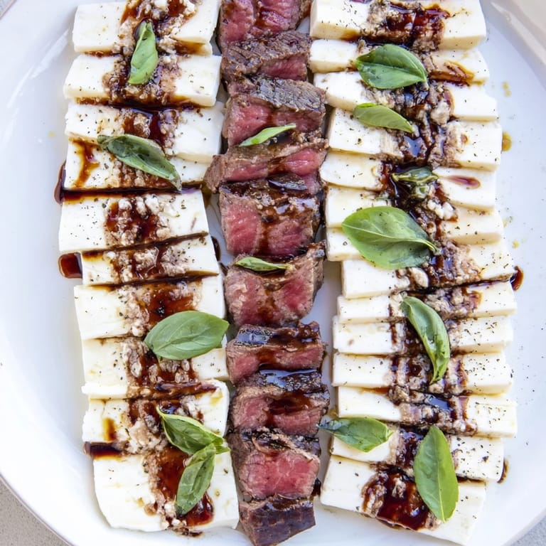 Savory Safari Stripes appetizer, with alternating stripes of meat and cheese, drizzled in balsamic glaze.