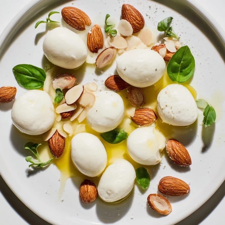 This image spotlights the elegant presentation of The Polished Pebble, a whimsical cheese and almond appetizer.