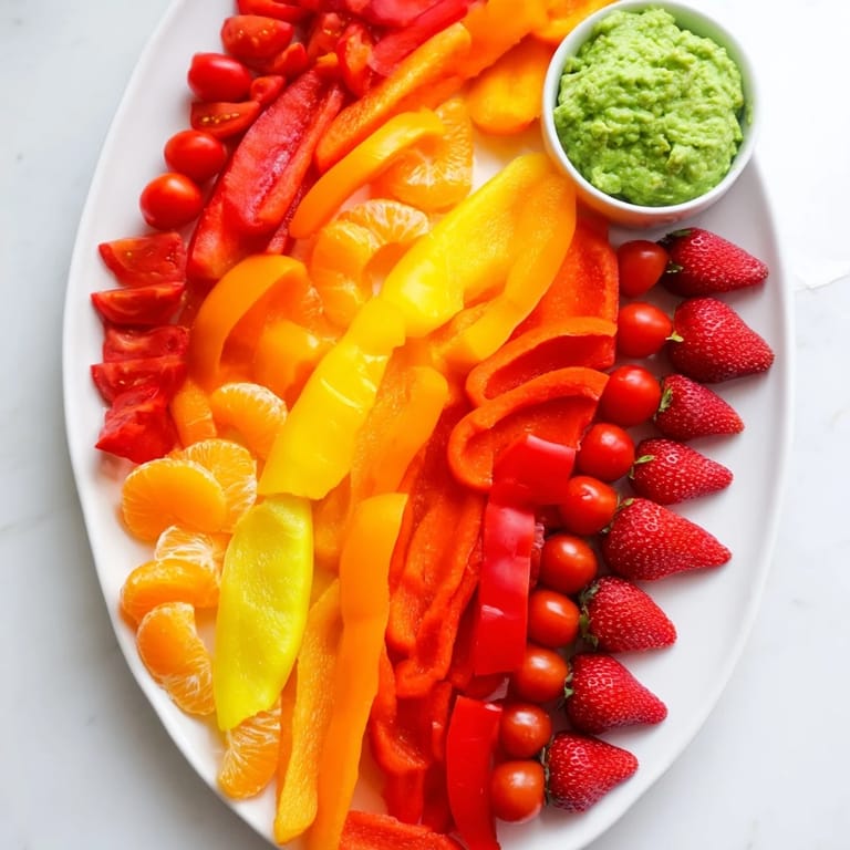 A visually stunning Rainbow Pride Spectrum appetizer arranged in rainbow-colored lines against a wooden board.