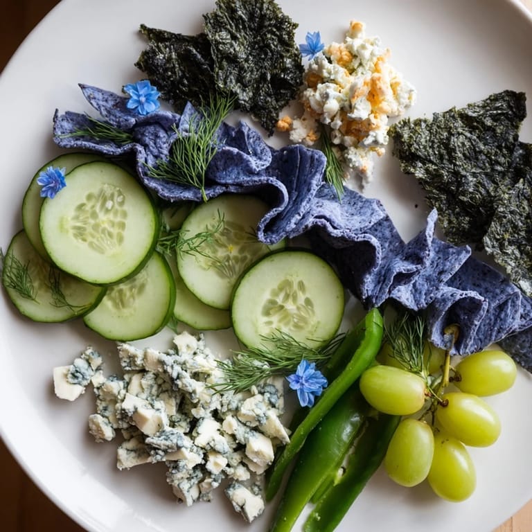 Vibrant Deep Sea Ocean Wave platter, visually appealing, with goat cheese, olives and cucumber offering refreshing tastes.