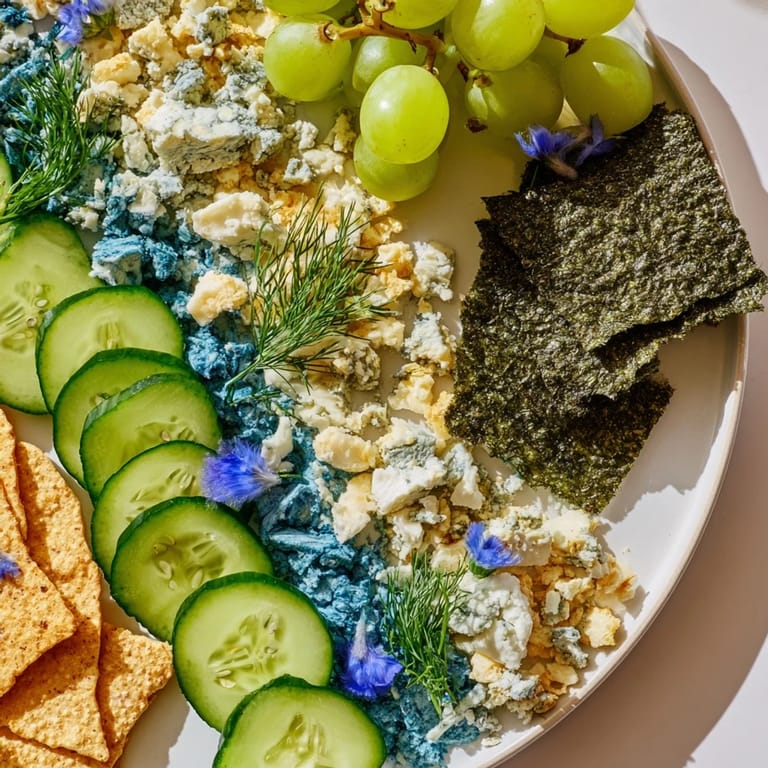 An artful Deep Sea Ocean Wave platter, perfect for parties; showcasing blue chips and fresh green ingredients.
