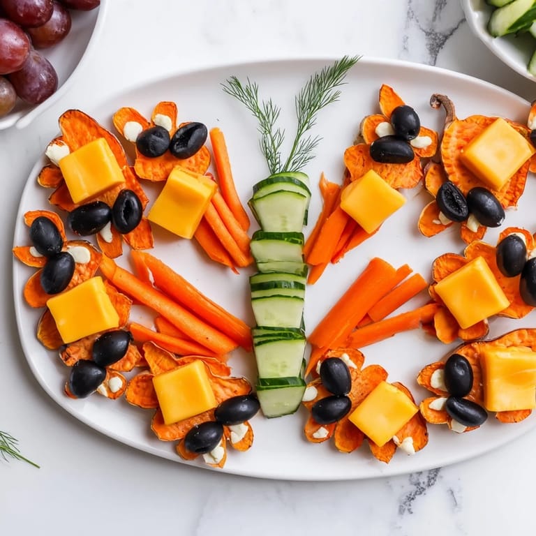 Beautifully arranged Monarch Butterfly Wings platter featuring orange bell pepper and glistening black grapes.