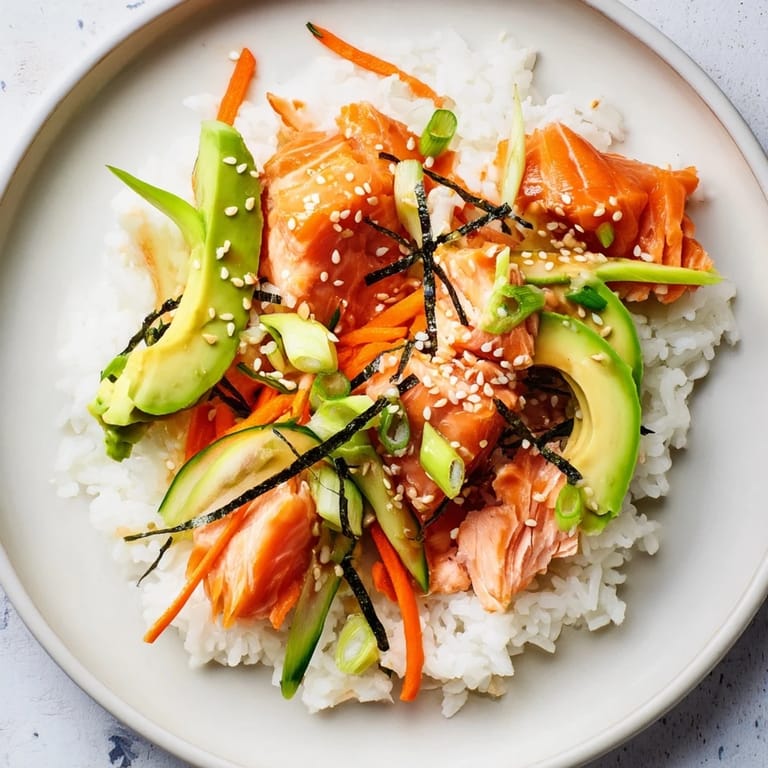 A close-up of a Japanese-Style Salmon & Chicken Rice Bowl, featuring tender salmon and fresh veggies.
