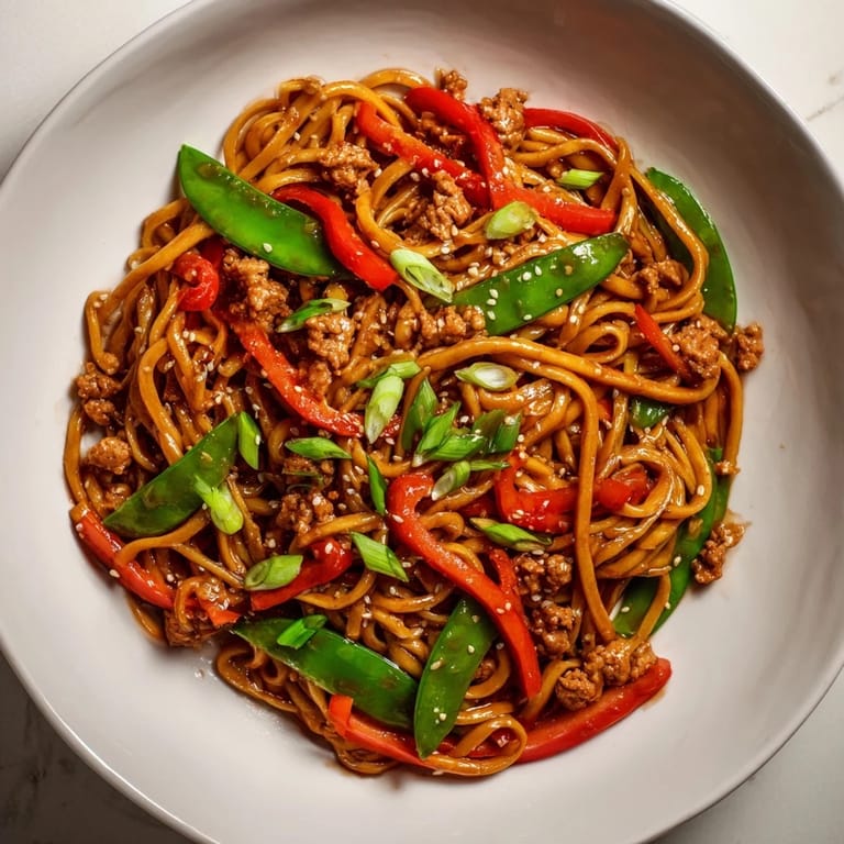A bowl piled high: the delicious Sesame Hoisin Ground Chicken Pasta, ready for a satisfying dinner.