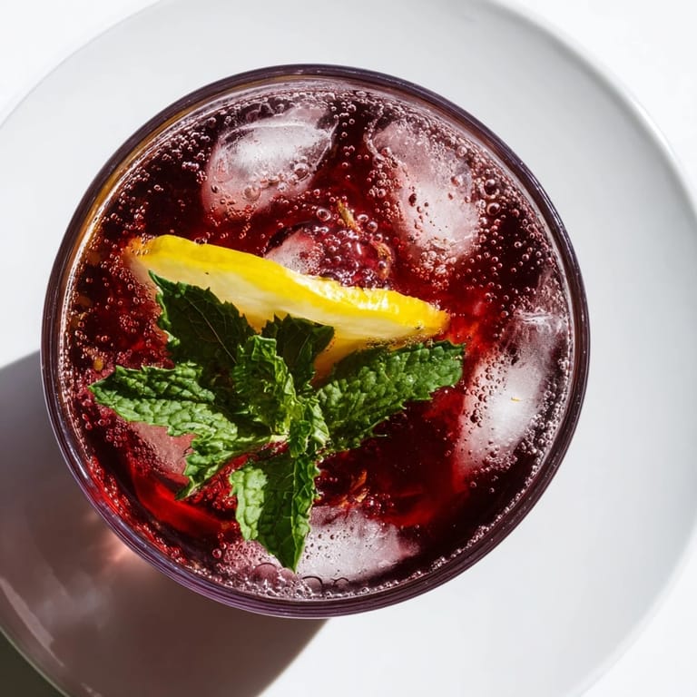 Refreshing Sleepy Girl Cherry Mocktail, garnished with mint and lemon, ideal for a relaxing evening beverage.
