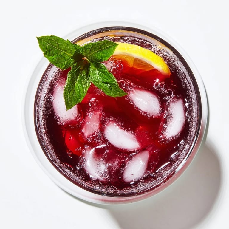 Close-up of a Sleepy Girl Cherry Mocktail in a clear glass, served over ice and ready to enjoy.