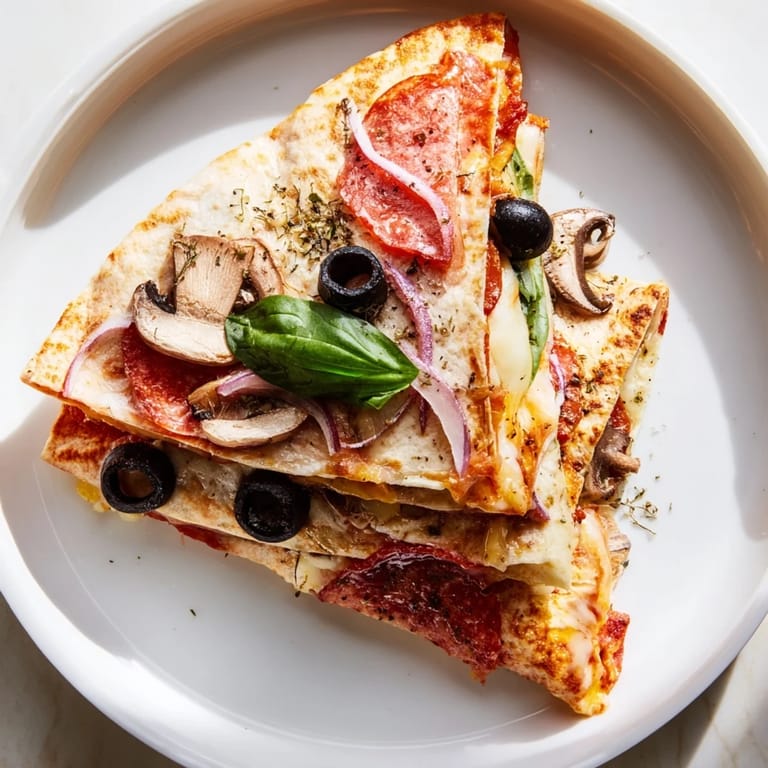 Folded Cheesy Tortilla Pizza Wrap with layers of savory pizza sauce, cheese, and fresh toppings, so delicious.