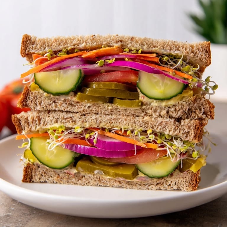 The Crunchy Dill Pickle Sandwich features vibrant layers of crunchy pickles, vegetables, and creamy spread on toasted bread.