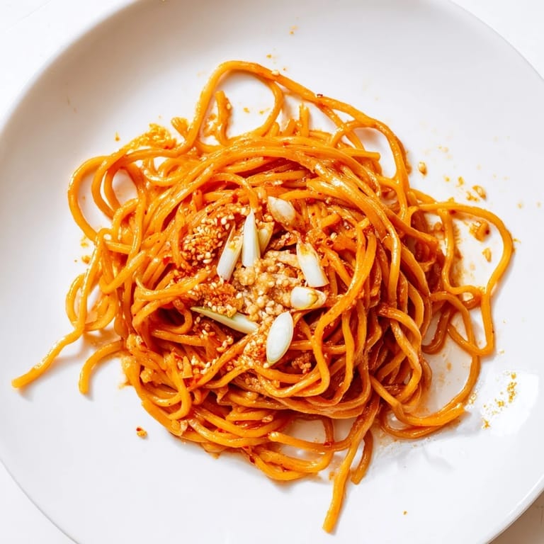 These flavorful Garlic Chili Oil Noodles are coated in a vibrant, glossy, spicy sauce.