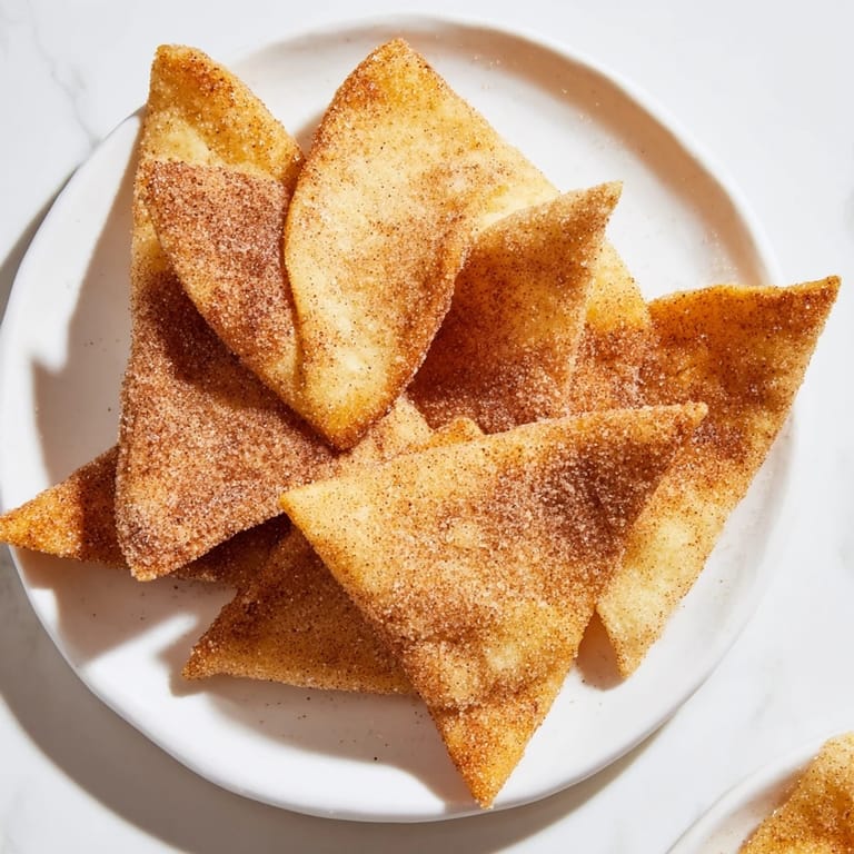 Close-up of freshly air-fried cinnamon sugar tortilla chips, perfect for dipping.