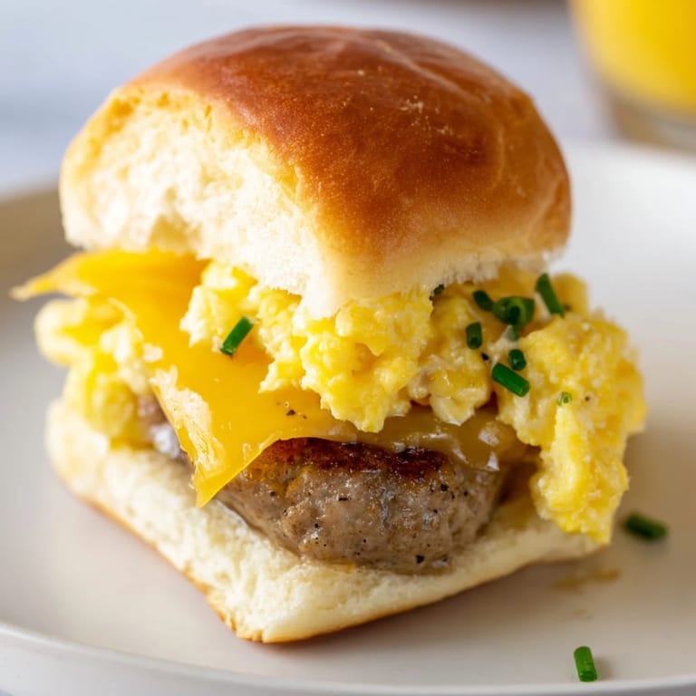 Freshly assembled mini breakfast sliders, drizzled with maple syrup, ready to be enjoyed with family.