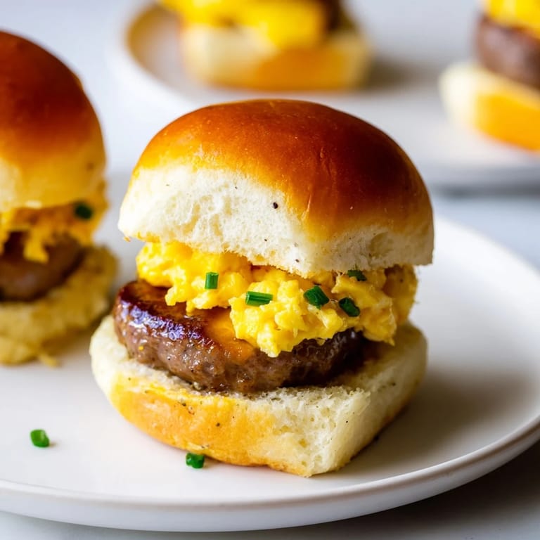 Scrumptious mini breakfast sliders, featuring fluffy scrambled eggs and perfectly toasted buns, ready to eat.