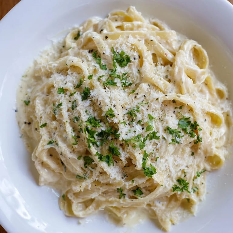 Golden, steaming Pasta Alfredo Cottage Hack, made with cottage cheese, ready to enjoy family-style.