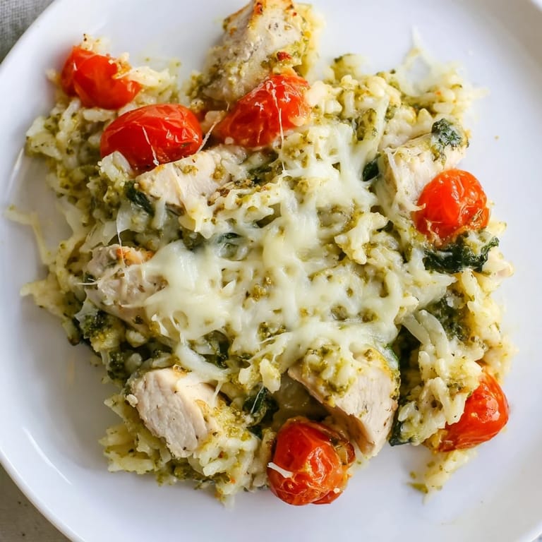 Baked Chicken Pesto Rice Bake bubbling with mozzarella, a comforting Italian-inspired casserole for dinner tonight.
