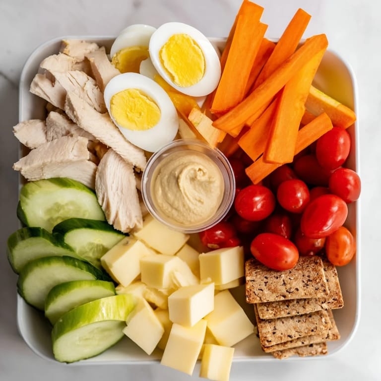 Vivid image of Protein Snack Boxes showcasing a balanced mix of proteins, crunchy snacks, and fresh fruit.