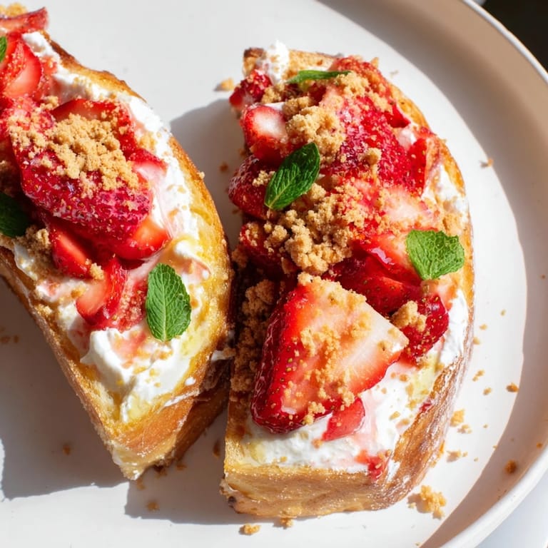 Enjoy the delicious, vibrant colors of homemade Strawberry Cheesecake Toast, a simple, American-style breakfast.