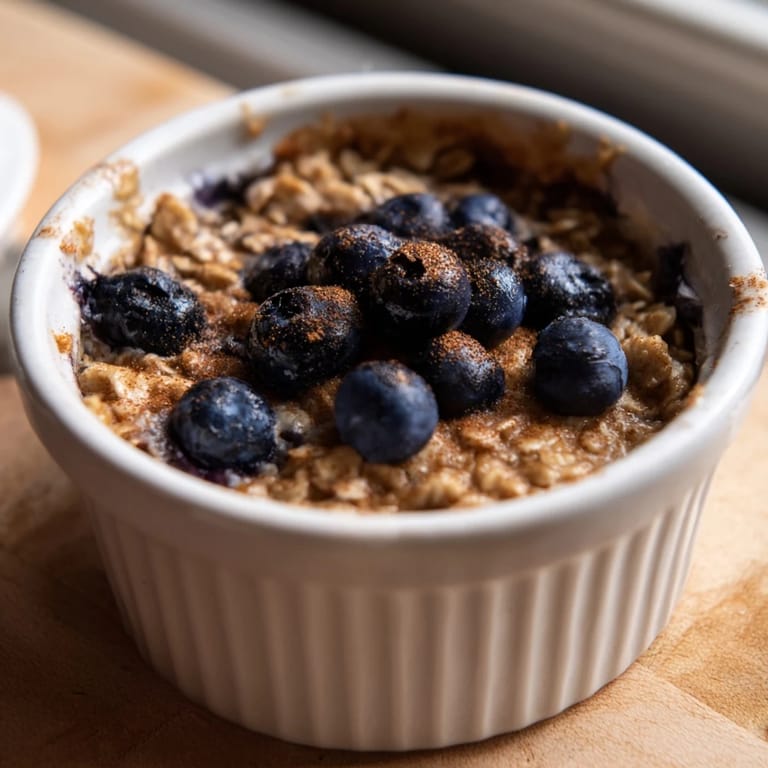 A close-up of a ramekin filled with delicious, baked blueberry oats and juicy berries.