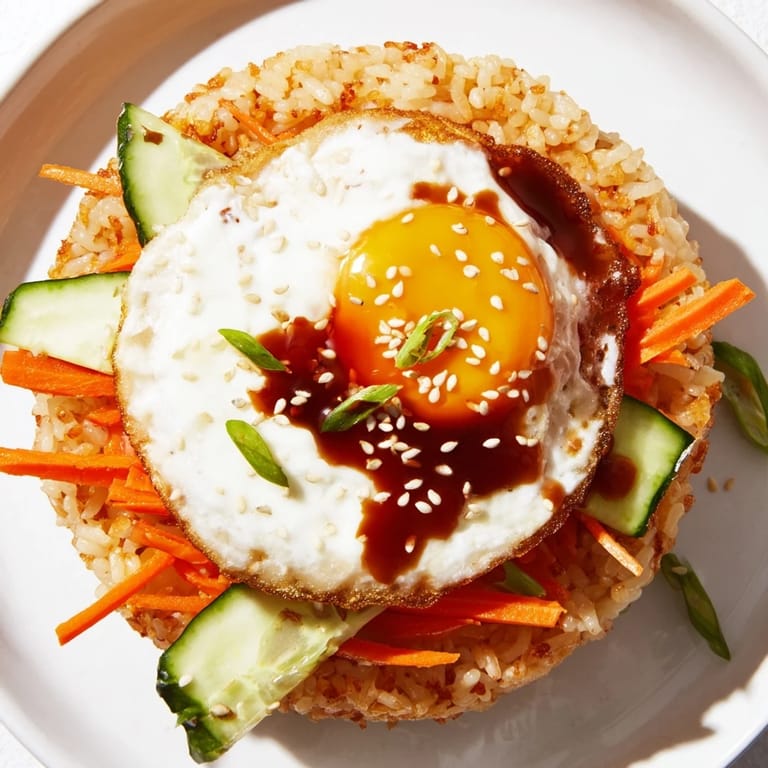 A delicious crispy egg rice bowl: imagine the soy-glazed rice with fresh veggies and egg.