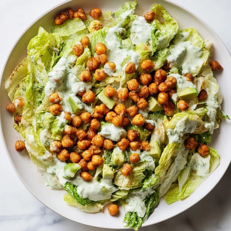 Fresh and colorful: A close-up shot of Green Goddess Salad, boasting a vibrant dressing, and croutons.