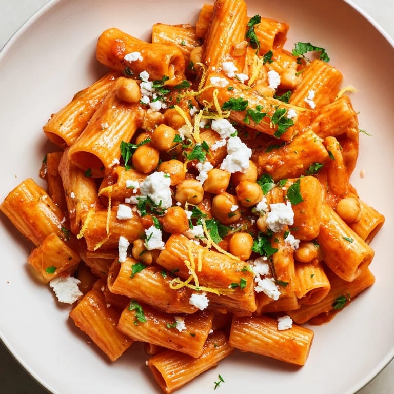 A close-up shot of delicious Harissa Chickpea Pasta, with hearty chickpeas and a zesty lemon finish.