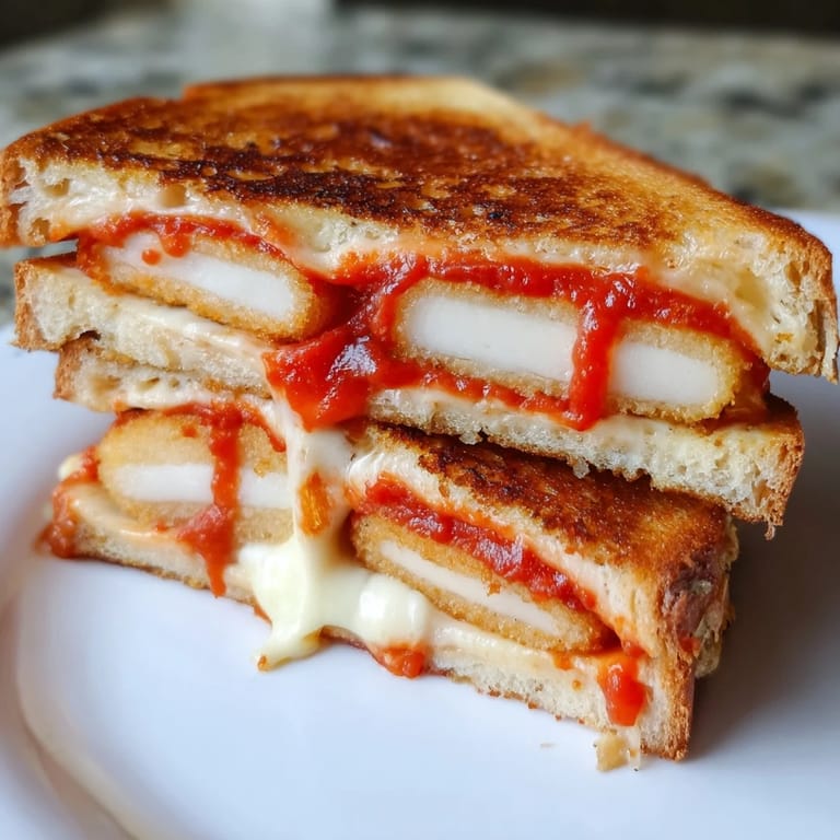 A close-up of a delectable Mozzarella Stick Grilled Cheese, ready to be dipped in marinara sauce for delicious flavor.