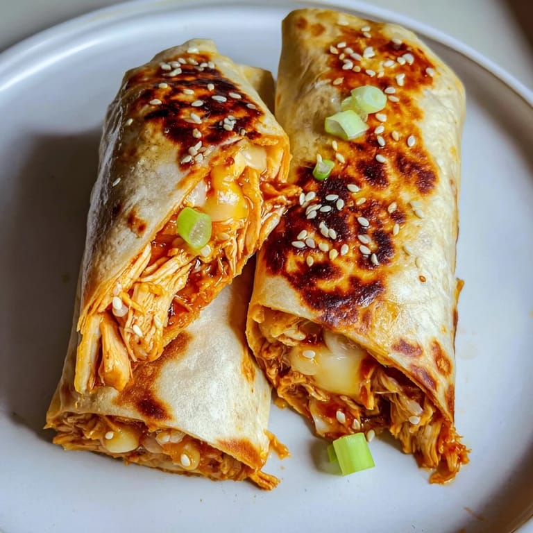 Crispy, golden-brown tortilla halves filled with Korean BBQ Chicken Wrap Grilled Cheese, ready to be sliced.