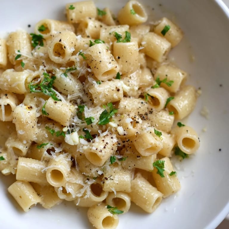 Fresh parsley and Parmesan top this flavorful 15-Minute Creamy Garlic Butter Ditalini, ready to be enjoyed.