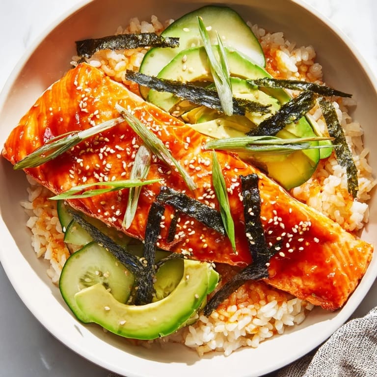 Freshly prepared Emily Mariko-Inspired Sticky Orange Gochujang Salmon Bowl: vibrant colors of avocado, nori, and flaky salmon.