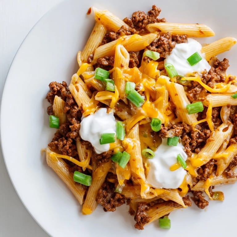 A bubbling skillet of One-Pot Taco Pasta, a colorful mix of pasta, cheese, and taco flavors.