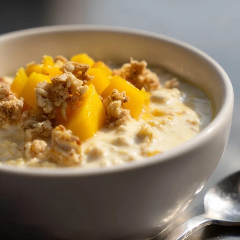 Creamy, vibrant mango color: chilled Mango Blended Overnight Oats, perfect for a refreshing vegetarian breakfast.