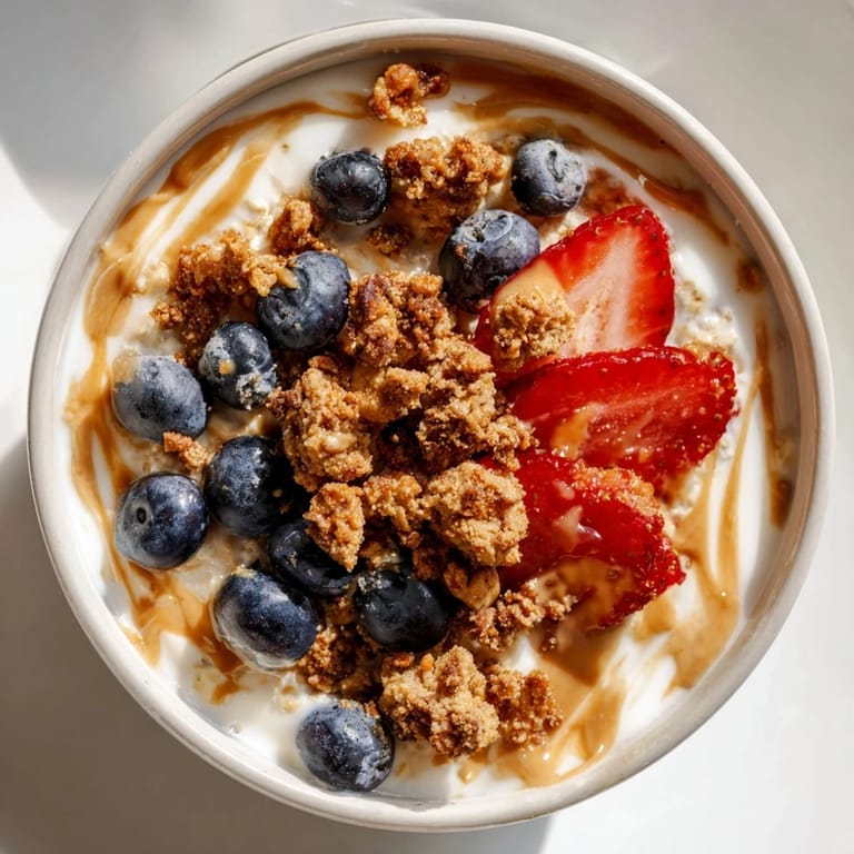 Creamy overnight oats with espresso, crunchy granola, and a drizzle of maple syrup, so satisfying.
