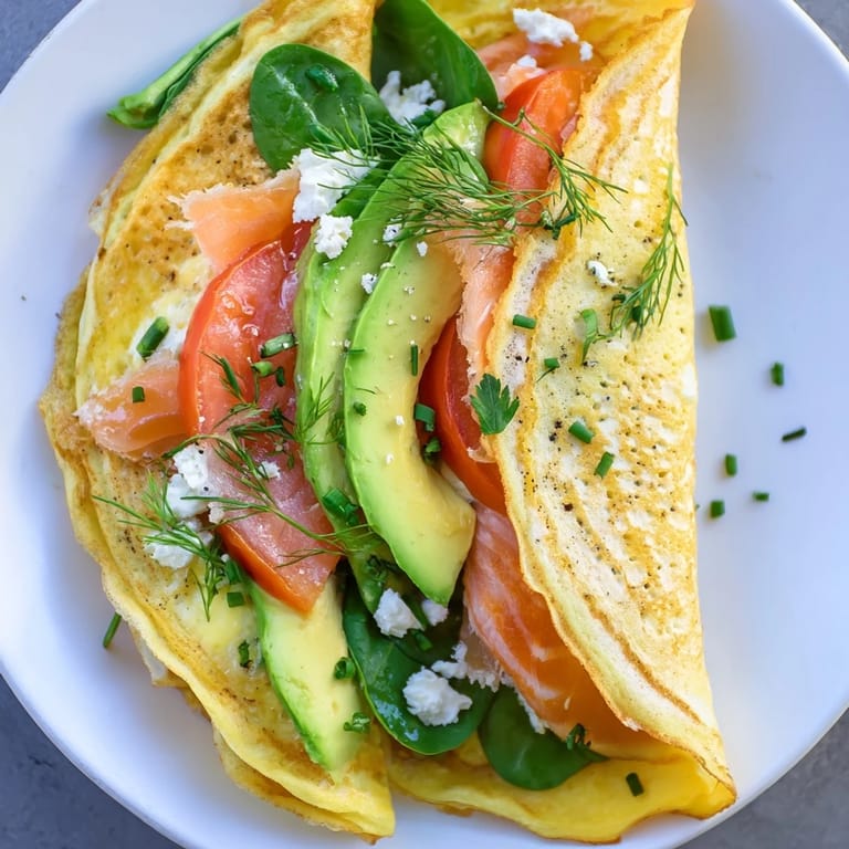 A plate featuring a vibrant Blender-Egg Crepe Wrap, filled with fresh spinach and feta cheese.