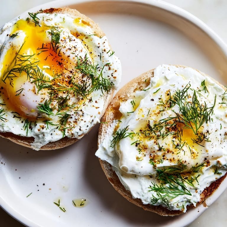 Delectable Çılbır Eggs Benedict, presenting sunny poached eggs atop a garlic yogurt base with spiced butter.