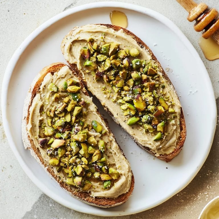 Close-up of freshly made Pistachio Butter Toast ready to enjoy as a quick breakfast or snack.