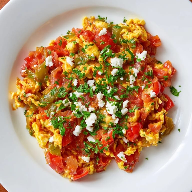 Delectable Turkish Menemen scramble, showing a close-up of the flavorful tomato and egg mixture, ready to serve.
