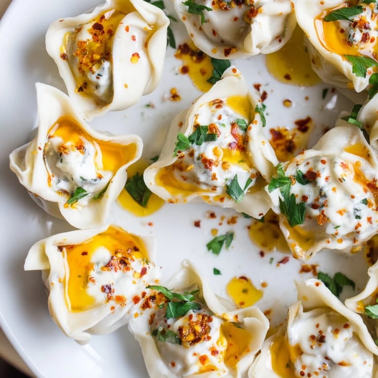 A close-up of delicious Turkish cheesy manti dumplings swimming in a decadent spiced butter sauce.
