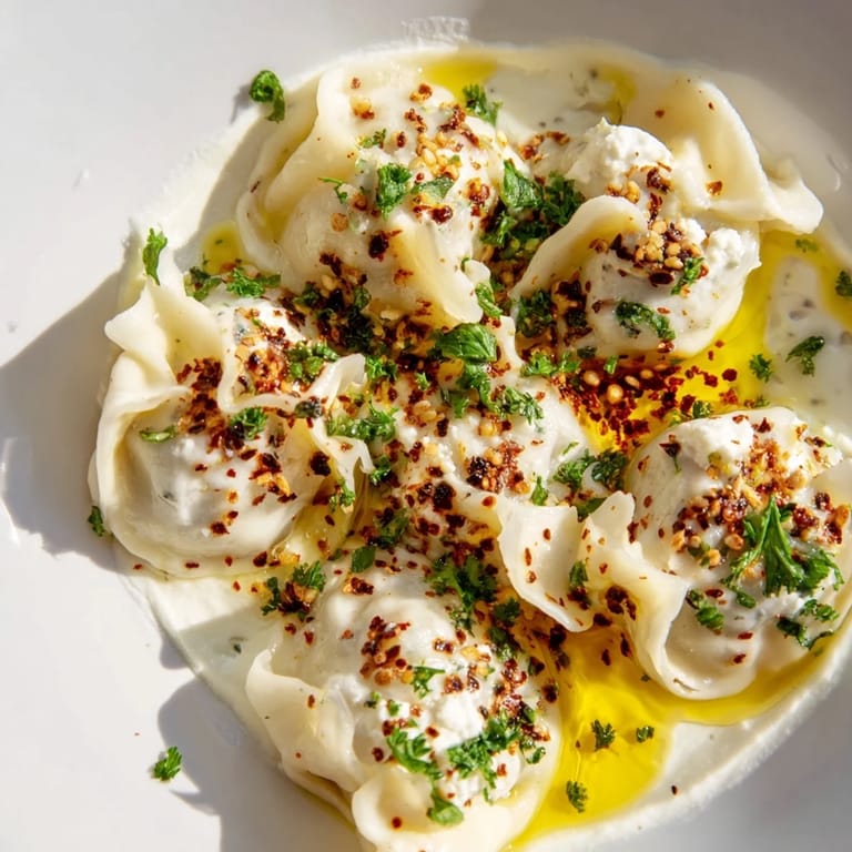This photo features perfectly formed Turkish cheesy manti, ready to be enjoyed with garlic yogurt.